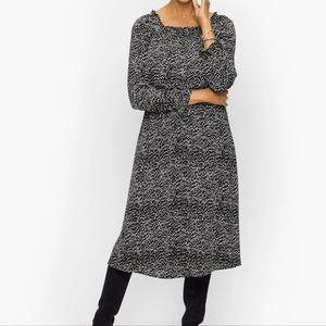 Talbots black and white smocked fit animal print dress.
